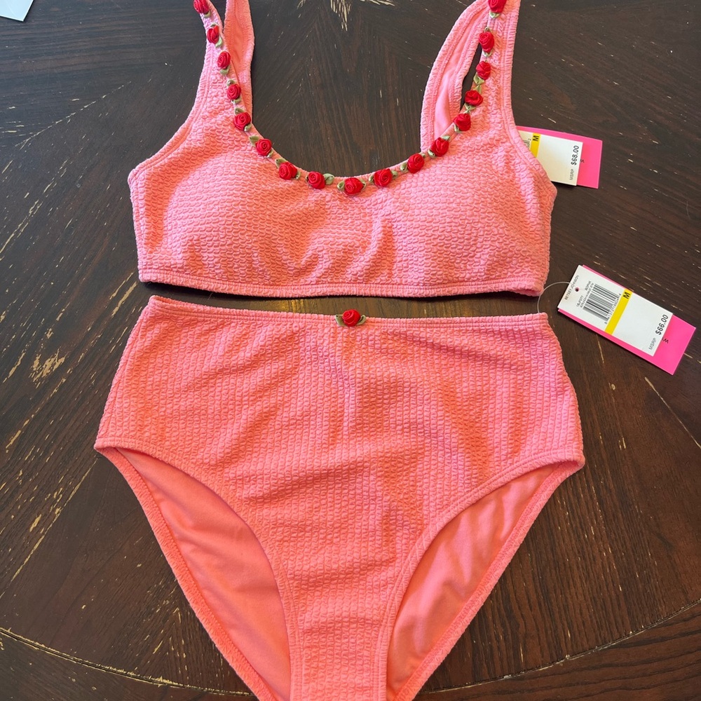 Betsey Johnson pink rosette ruche bikini - M